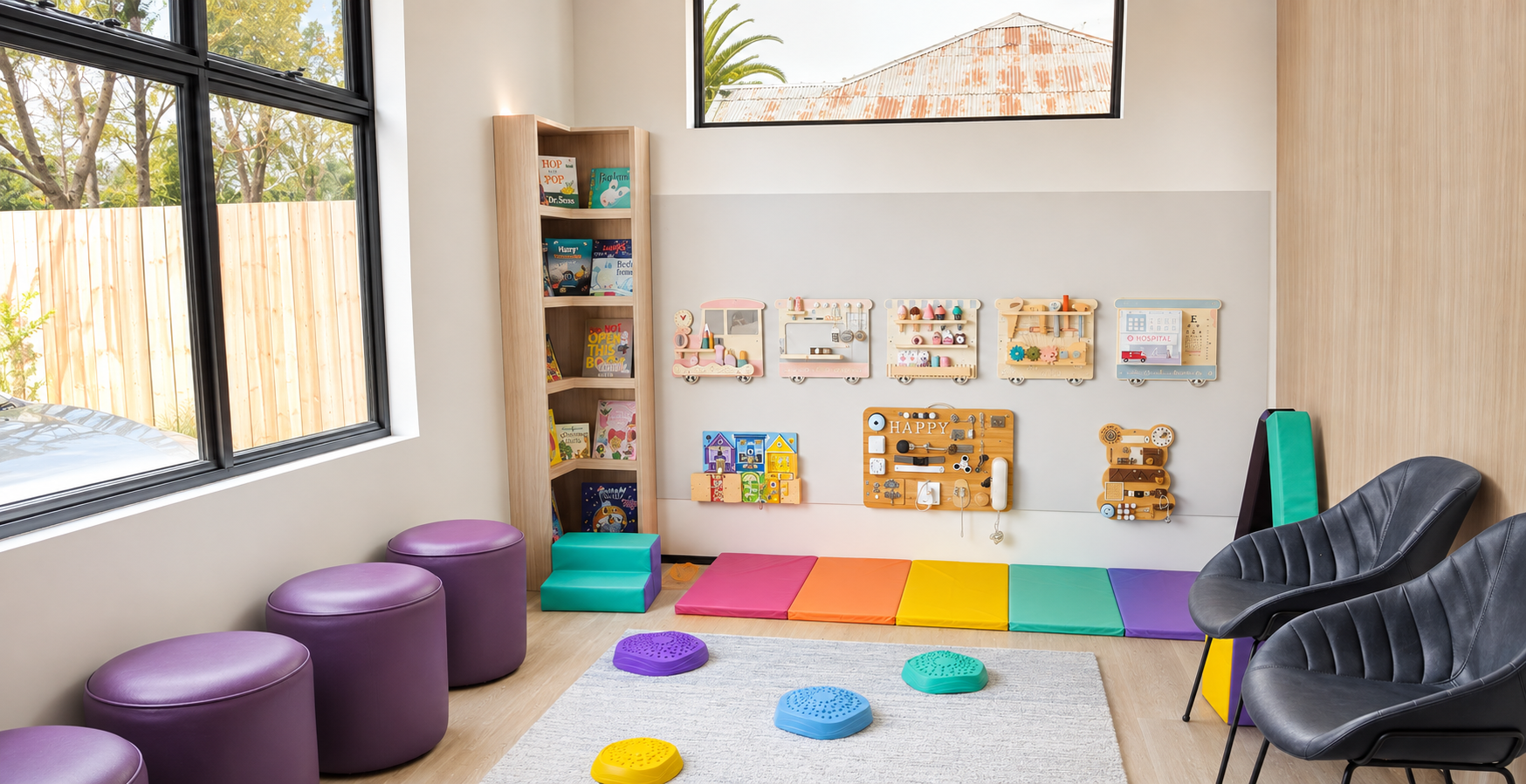 Our clinic's colourful children's play area, with soft climbing mats, storybooks and interactive activity boards